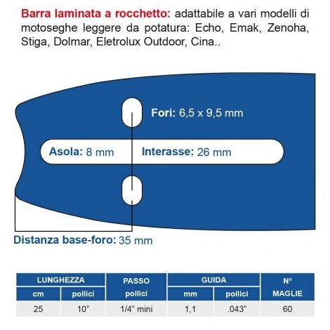 BARRA MOTOSEGA DA POTATURA 1/4 25CM 1.1 60 MAGLIE ECHO ZENOAH STIGA DOLMAR
