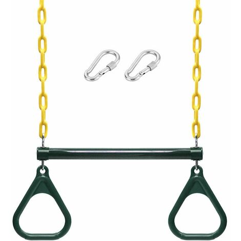 Barra oscilante y anillos de trapecio Juego de columpios para juegos de trabajo pesado con ganchos recubiertos de plástico de 47 '' y ganchos a presión, modelo: verde verde