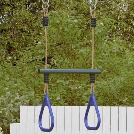 Barra trapecio con anillas de gimnasia niños acero azul y verde