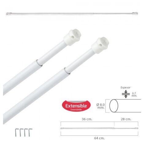 Barra visillo extensible 36/64 cm. con muelle presion, soportes y ventosas (2 piezas)