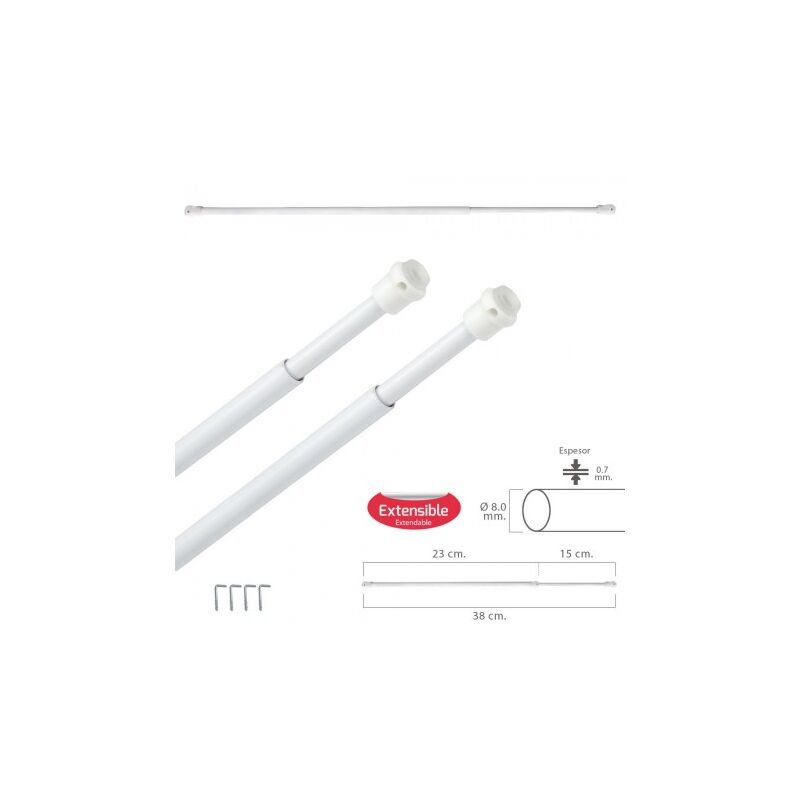 

Barra visillo extensible 23/38 cm. con muelle presion, soportes y ventosas (2 piezas)