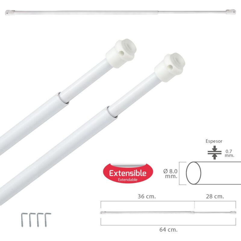 

Barra visillo extensible 36/64 cm. con muelle presion, soportes y ventosas (2 piezas)