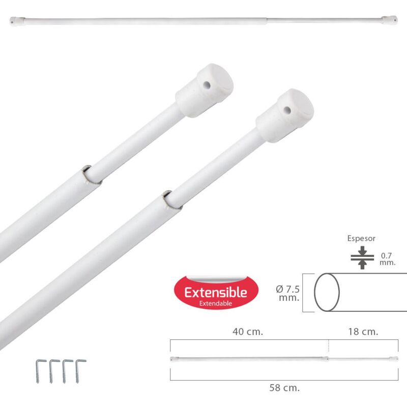 

Barra visillo extensible 40/58 cm. con soporte, sin muelle (2 piezas)