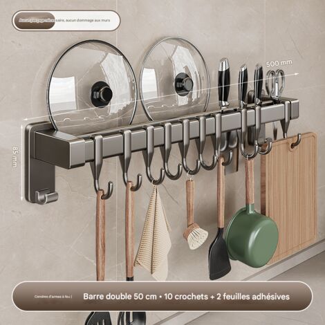 Barre à Crochets Murale Sans Perçage pour Cuisine, Double Barre de 50cm avec 10 Crochets, Organisateur pour Ustensiles de Cuisine