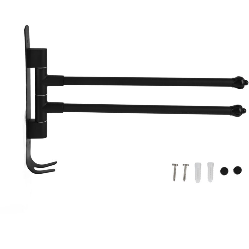 Barre à serviettes pivotante en acier inoxydable noir 2 bras - Porte-serviettes rotatif amovible pour salle de bain, placard, cuisine