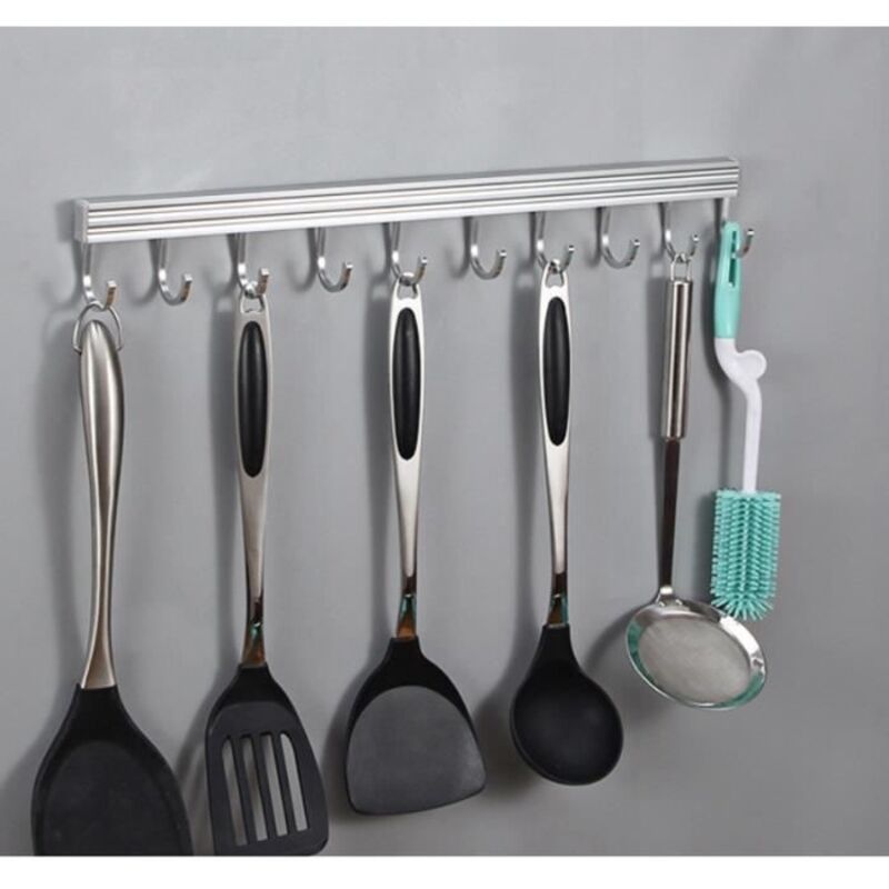 Barre à ustensiles de cuisine mural avec 10 crochets inox sans perçage 50cm Support Range étagère Porte serviette salle de bain