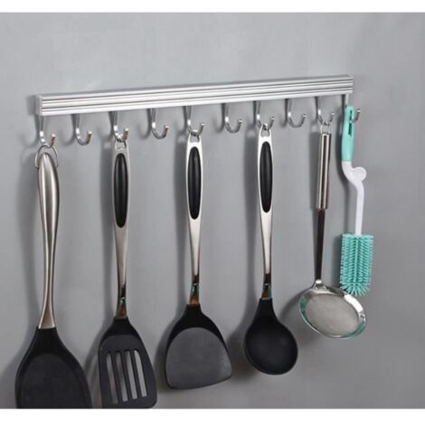 Barre à ustensiles de cuisine mural avec 10 crochets inox sans perçage 50cm Support Range étagère Porte serviette salle de bain