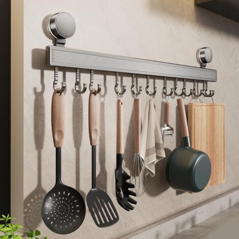 Barre cuisine sans perçage – 12 crochets, 60 cm, acier inoxydable, 20 kg capacité