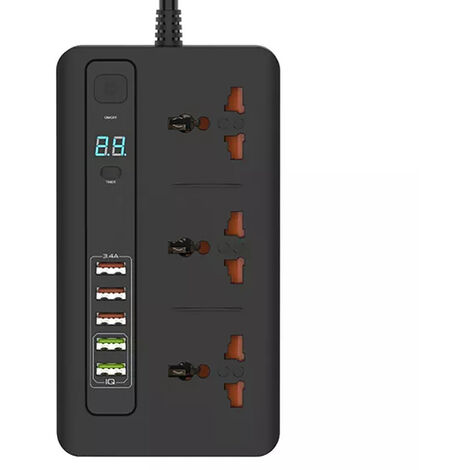 Barre d&39alimentation multiprise universelle, protection contre les surtensions, prises AU/US/EU/UK, prise électrique USB 3,4a, chargeur adaptateur minuterie, rallonge de 2m,EU PLUG,Black