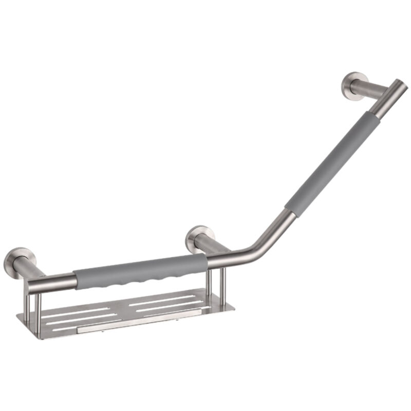 Barre d'appui 135° comfort grip en acier brossé gauche avec porte-savon