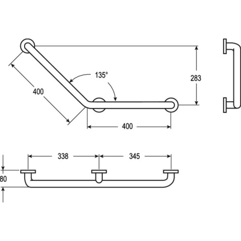 Barre d'appui coudée 135° 3 points Inox Care brossée pour fixation à gauche Normbau