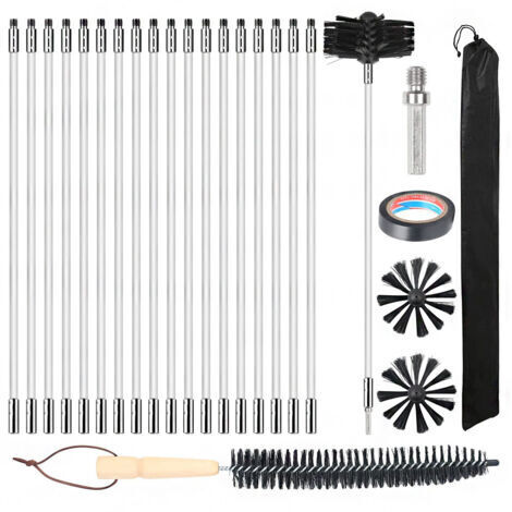 Barre de brosse de 100 mm, 27 brosses de cheminée (dont 20 barres flexibles de 410 mm), 2 têtes de brosse, 1 connecteur de foret + accessoires de cheminée et brosse à manche en bois