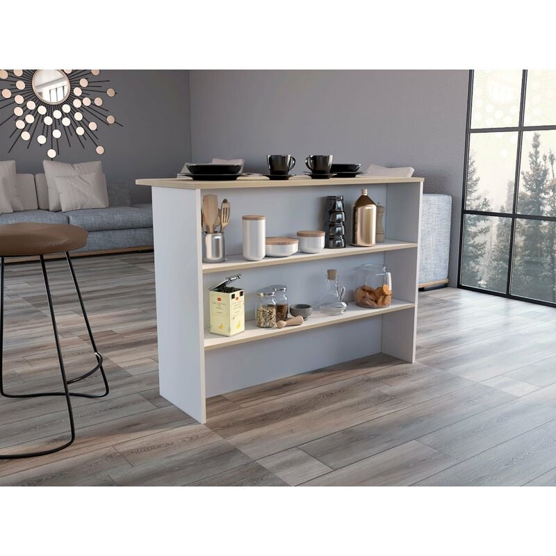 Tuhome Concept - Bar de cuisine en mélamine Fendi avec trois étagères , 90 x 120 x 60 cm , Blanc / Miel