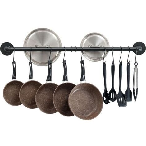 Barre de Cuisine Industri, Porte-Casseroles Mural de Suspension 100cm, 14 Crochets pour Ustensiles Support de Pot en Acier Inoxydable - Noir