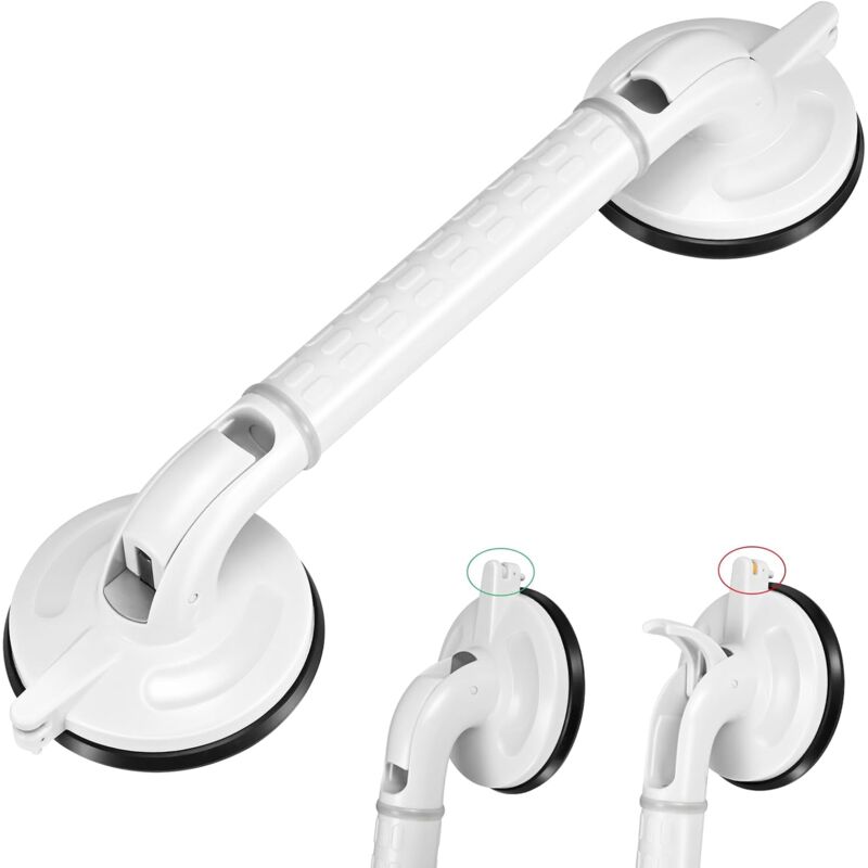 Barre de Douche à Ventouse 46 cm - Indicateur de Sécurité, Poignées pour Personnes Âgées et Handicapées - Grip Antidérapant - Ventouses Larges et