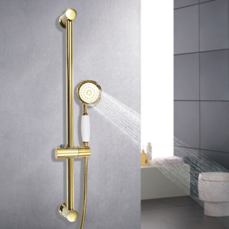 Barre de douche murale, ensemble comprenant une barre de douche et une douchette à main, barre murale réglable en laiton de 60 cm, barre de douche avec flexible, couleur dorée