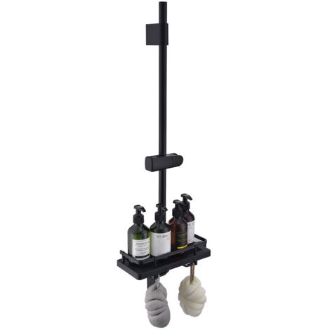 Barre de Douche Noir Réglable 900 mm avec Étagère Coulissante Intégrée, Support Ajustable Sans Perçage Supplémentaire, en Acier Inoxydable