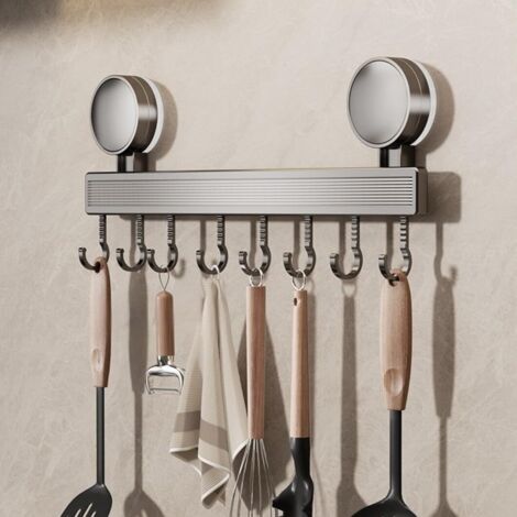 Barre De Rangement 40 Cm - 8 Crochets - Aluminium - Ventouse Sans Perçage - Cuisine Salle De Bain