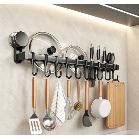 Barre de rangement cuisine 50cm gris pistolet, 10 crochets fixation aspiration sans perçage