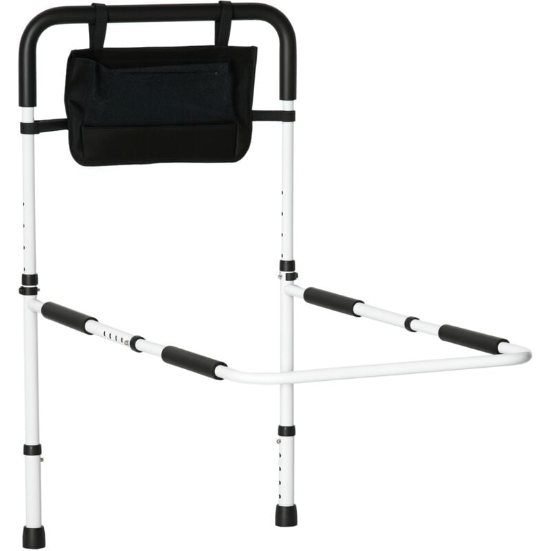 Barre de redressement de lit réglable avec pochette - poignée d'appui pour le lit - barre d'appui de lit - acier blanc eva noir