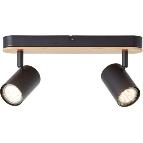Barre de spots Brilliant Niels 2-flammes noir mat/naturel, métal/bambou, 2x LED, GU10, 10 W
