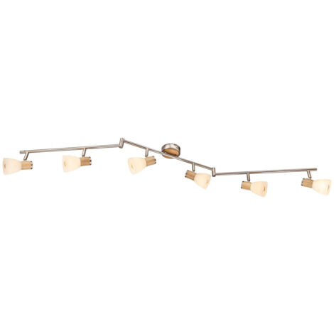 Barre de spots de plafond nickel mat, abat-jour en verre opale, 6 ampoules E14