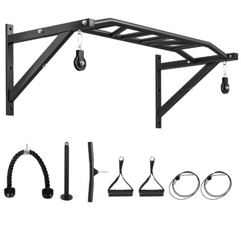Barre de traction murale multifonction avec poulie et câble, support 200 kg, acier renforcé noir 126 cm