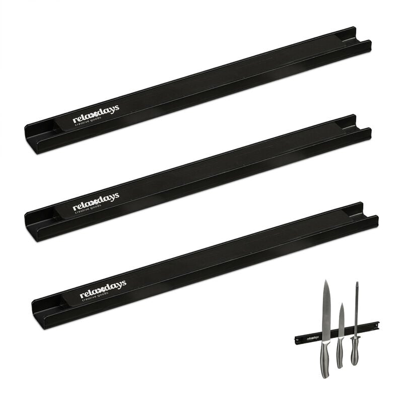 Relaxdays - Barre magnétique, lot de 3, porte-outils aimanté, couteaux, ustensiles, 30 cm de long, montage mural, noir