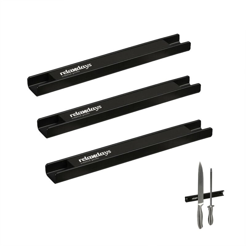 Relaxdays Barre magnétique, lot de 3, porte-ustensiles, outils, 20 cm de long, range-couteaux, montage mural, noir