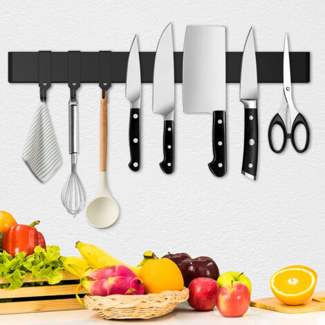 Barre Magnétique pour Couteaux 40 cm - Porte-Couteaux Noir Sans Perçage - 3 Crochets, Ruban Adhésif et Vis Inclus - Pour Ustensiles de Cuisine