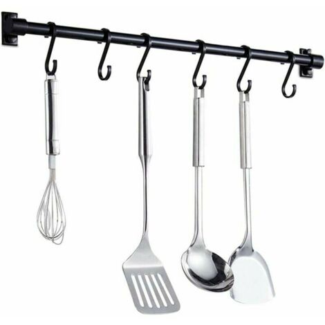 Barre Murale Cuisine Ustensiles 40CM - Barre Étagère de Cuisine avec 6 Crochets Amovibles - Rack Porte Étagère à Fixation M