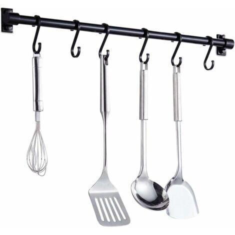 Barre Murale Cuisine Ustensiles  40CM Barre Étagère de Cuisine avec 6 Crochets Amovibles, Rack Porte Étagère à Fixation Murale (Noir)