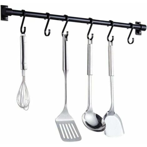 JALLERIA Barre Murale Cuisine Ustensiles 40CM - Barre Étagère de Cuisine avec 6 Crochets Amovibles - Rack Porte Étagère à Fixation Murale pour Ustensiles de Cuisine (Noir)