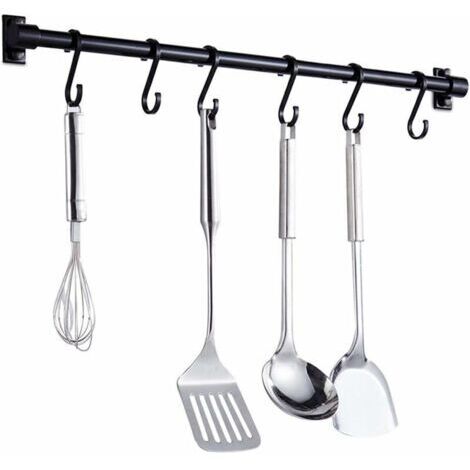 Barre Murale Cuisine Ustensiles 40CM Barre Étagère de Cuisine avec 6 Crochets Amovibles, Rack Porte Étagère à Fixation Murale pour Ustensiles de Cuisine(Noir)
