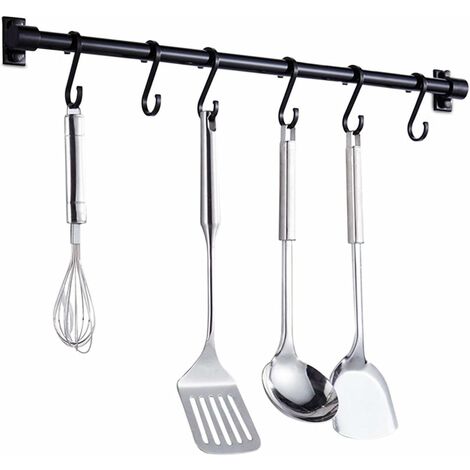 Barre Murale Cuisine Ustensiles Guazhuni 40CM Barre Étagère de Cuisine avec 6 Crochets Amovibles, Rack Porte Étagère à Fixation Murale pour Ustensiles de Cuisine(Noir)
