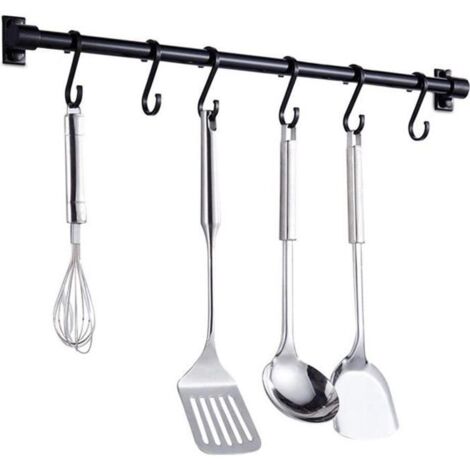 Barre Murale Cuisine Ustensiles,40CM Barre Étagère de Cuisine avec 6 Crochets Amovibles,Rack Porte Étagère à Fixation Murale(Noir)