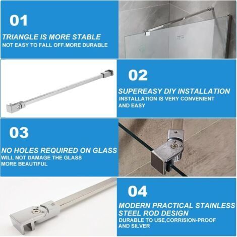 Barre stabilisatrice en acier inoxydable de 500 mm adaptée aux cabines de douche à l'italienne avec verre de 6 à 10 mm d'épaisseur.