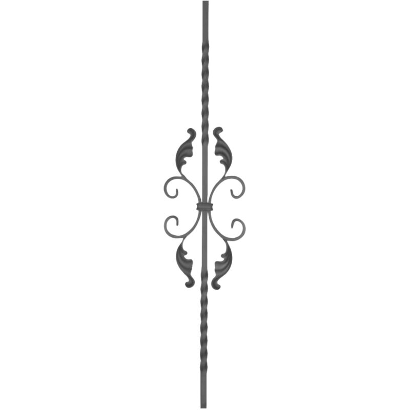 Barreau semi torsadé avec motif volutes feuilles - Hauteur 950mm Largeur 170mm carré de 12mm - Fer forgé - à souder Deco Fer Forge
