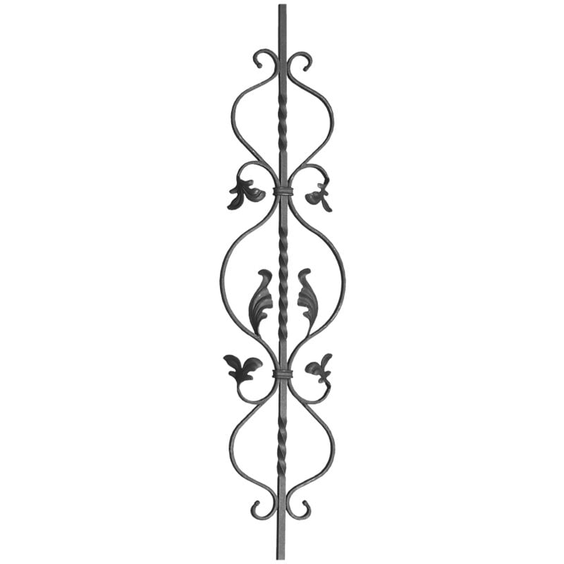 Deco Fer Forge - Barreau semi torsadé avec grand motif volutes feuilles - Hauteur 950mm Largeur 230mm carré de 14mm - Fer forgé - à souder