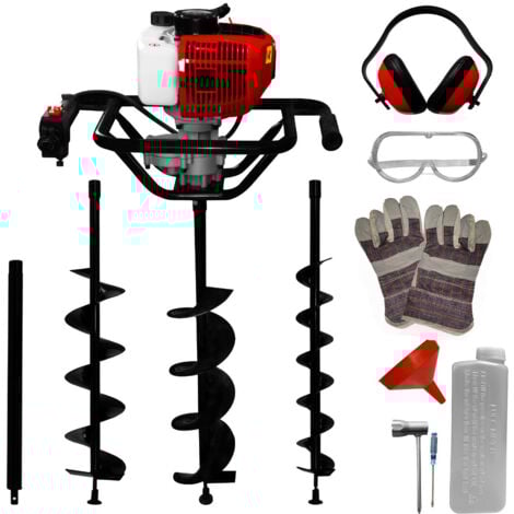 Barrena Taladro de Tierra con 3 Brocas Ahoyadora Excavadora en Espiral Motoperforadora para Cavar Agujeros Motor Gasolina 52cc 2 Tiempos 3CV 9000rpm Poste de Extensión+EPI+Kit Herramientas Incluidos
