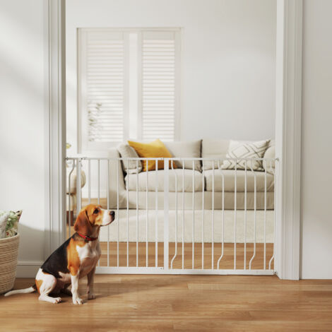 Barrera de Seguridad de Perros Extensible para Escaleras y Puertas 75-145 cm con 3 Extensiones de 10/20/30 cm Montaje a Presión Altura 76 cm Blanco