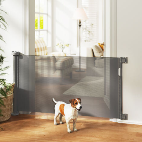 Barrera de Seguridad para Perros Retráctil con Interruptor de Cierre para Puertas Escaleras Pasillos 142x10x87 cm Gris