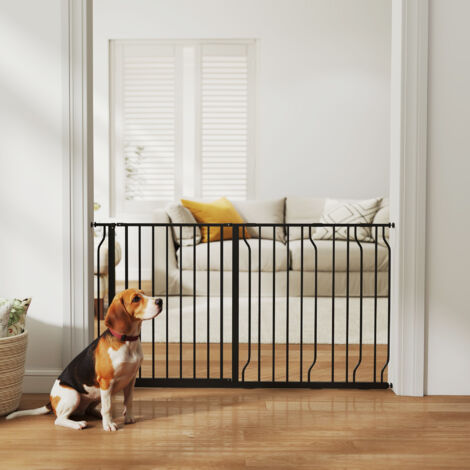 Barrera para Mascotas con 3 Extensiones Montaje a Presión Doble Bloqueo para Puerta Pasillo Escalera 75-145x76 cm Negro
