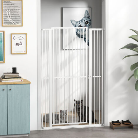 Barrera para Perros Extra Alta con Ancho Ajustable 77-104 cm Puerta para Perros con Extensiones y Puerta de Paso Blanco
