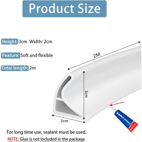 Barriera doccia pieghevole da 2 m, in silicone, anti-trabocco, per vasca da bagno, WC (bianco, 3 cm di altezza x 2 cm di larghezza).