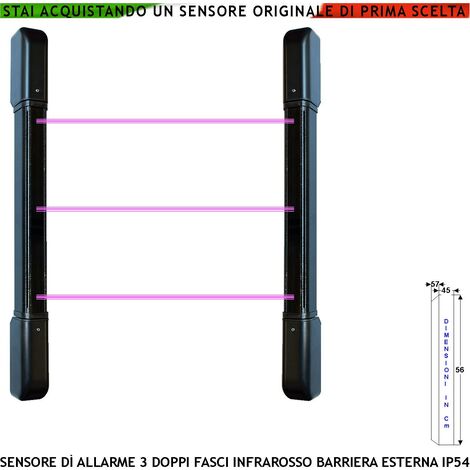 Barriera Infrarossi Attivi 3 Multifasci Portata 100 MT Interno 50 MT Esterno H 56 Cm Allarme Intruso che ha Interrotto i Raggi Impostati Relè Libero Tamper Esclusione Led e Cicalino Alimentazione 12 V
