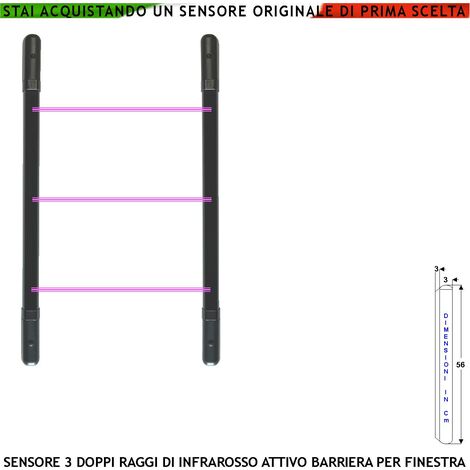 Barriera Infrarossi Attivi 3 Multifasci Segnala Allarme Intruso Secondo la Programmazione Dei Fasci Interrotti Relè Libero Tamper Esclusione Led e Cicalino Alimentazione 12 V Misure H560XL30XP30 mm