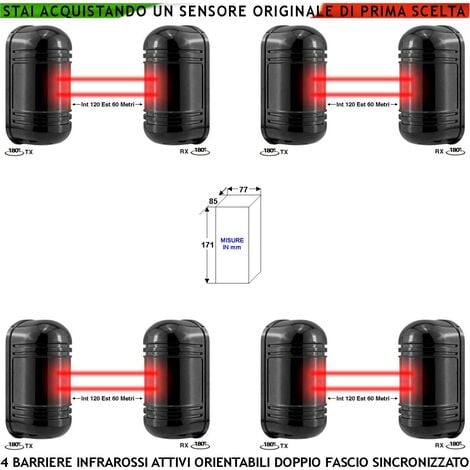 Barriera Infrarossi Attivi Doppio Fascio Orientabile 4 Pezzi Sensore Segnala Allarme Passaggio Intruso Protezione Lineare Portata 120 MT Interno 60 MT Esterno Collegamento a Filo Antifurto Alime. 12 V
