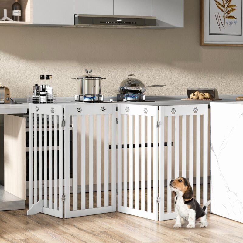 Barrière Autoportante Chien 4 Panneaux Bois Charnières Métalliques Sans Perçage Blanc CW44944