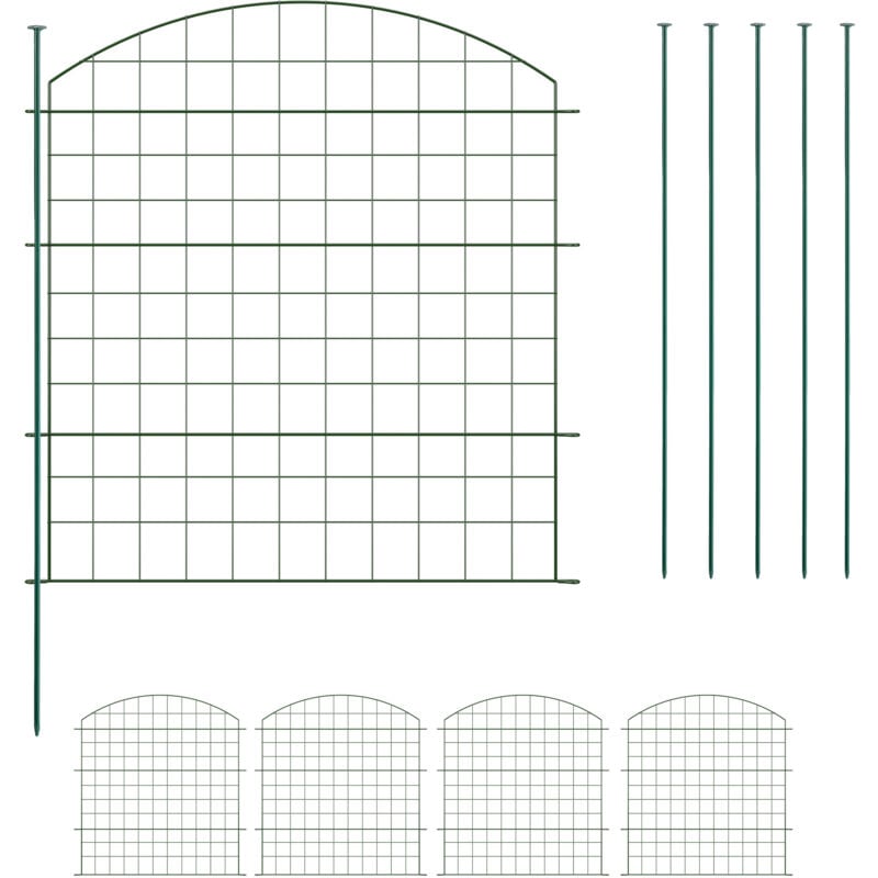Relaxdays Barrière de jardin, clôture métallique, piquets à planter, 5 éléments chacun H x L : 78 x 75 cm, verte